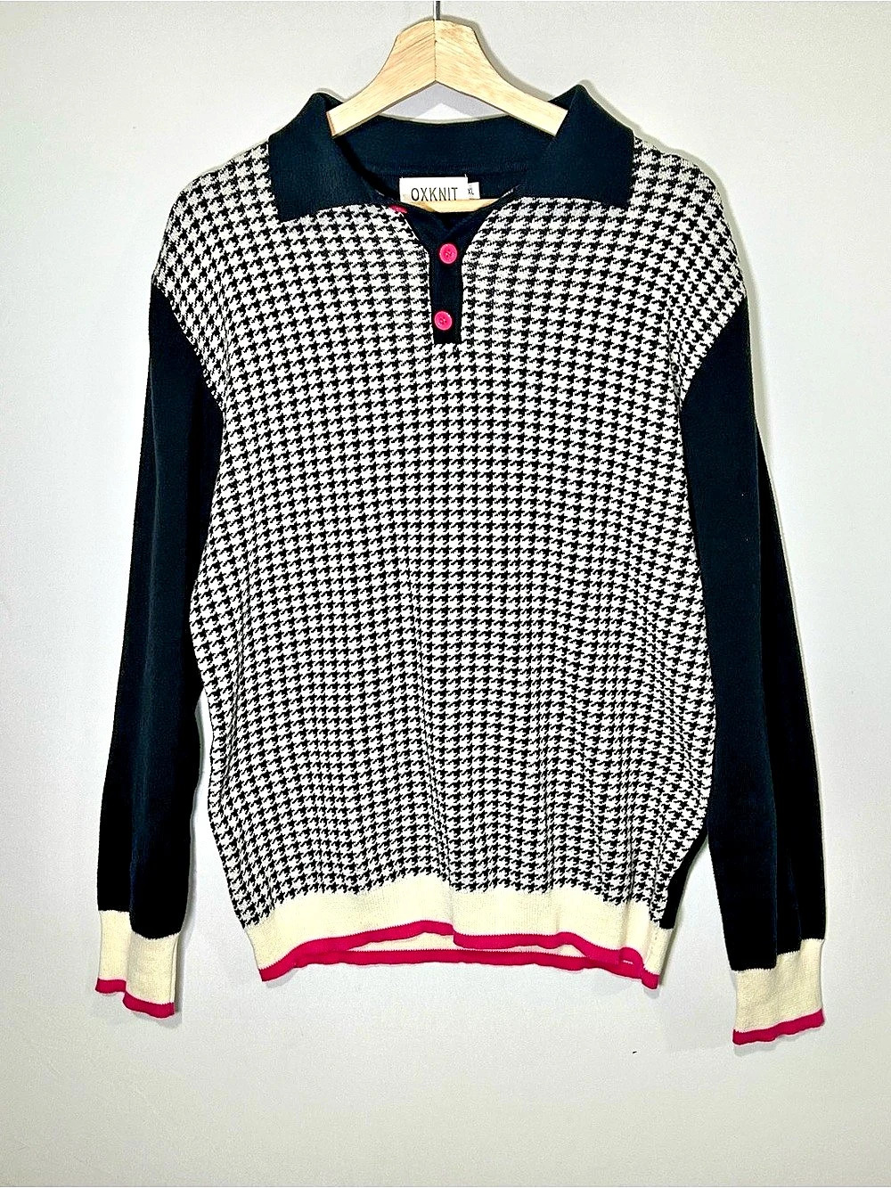 OXKNIT Houndstooth Cotton Polo Sweater Black White Pink XL Like New